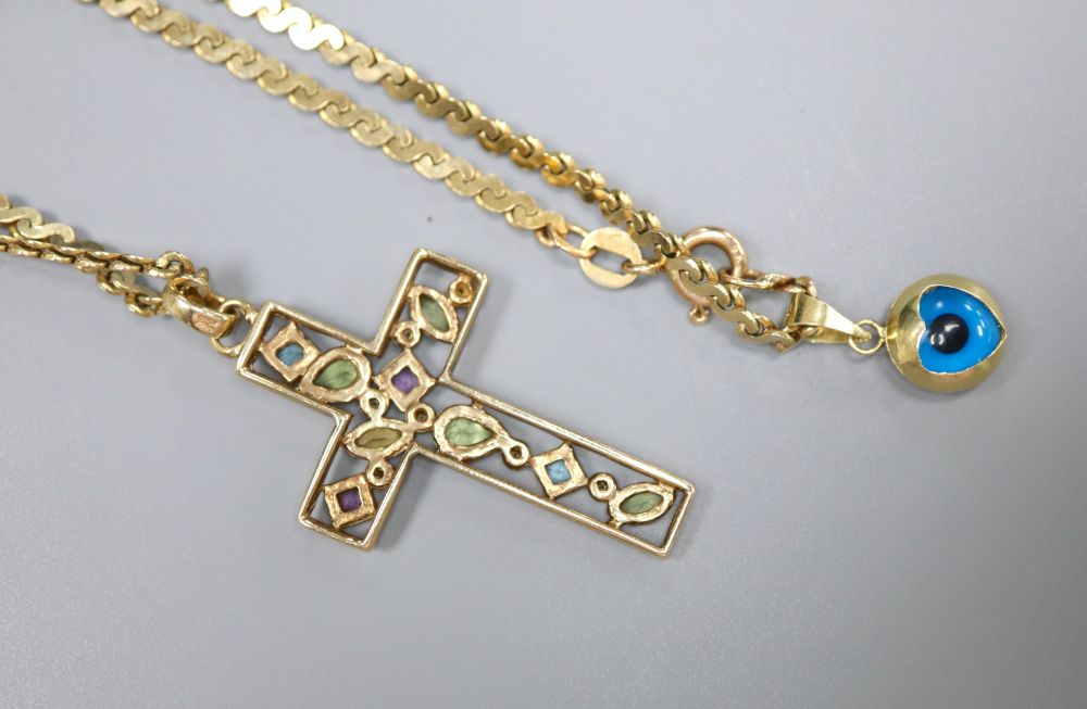 A modern 9ct gold multi-gem-set cross (4cm) on 9ct gold chain (53cm) 14.7g